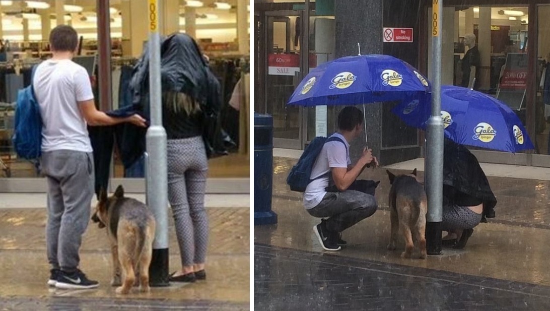 Koppel houdt vastgebonden puppy droog in druipende regen
